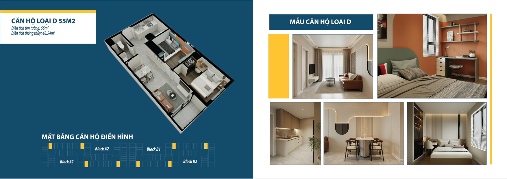 Mặt bằng căn hộ loại D 55m2